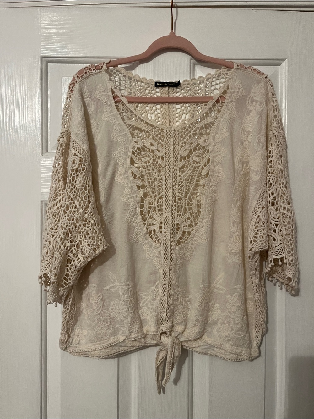 Boho Crochet Tie-Front Top in Cream